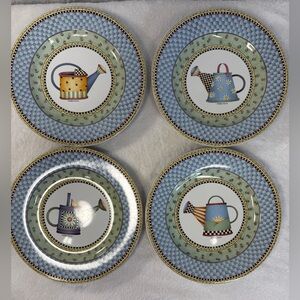 Set Of 4 Sakura 1999 Debbie Mumm Watering Can Blue Yellow Checkered Salad Plates
